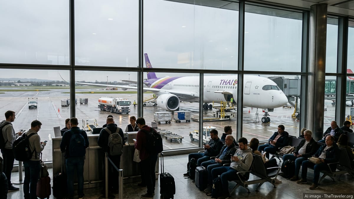 Passengers at Heathrow watch a Thai Airways jet on the tarmac amid disrupted Middle East flights.
