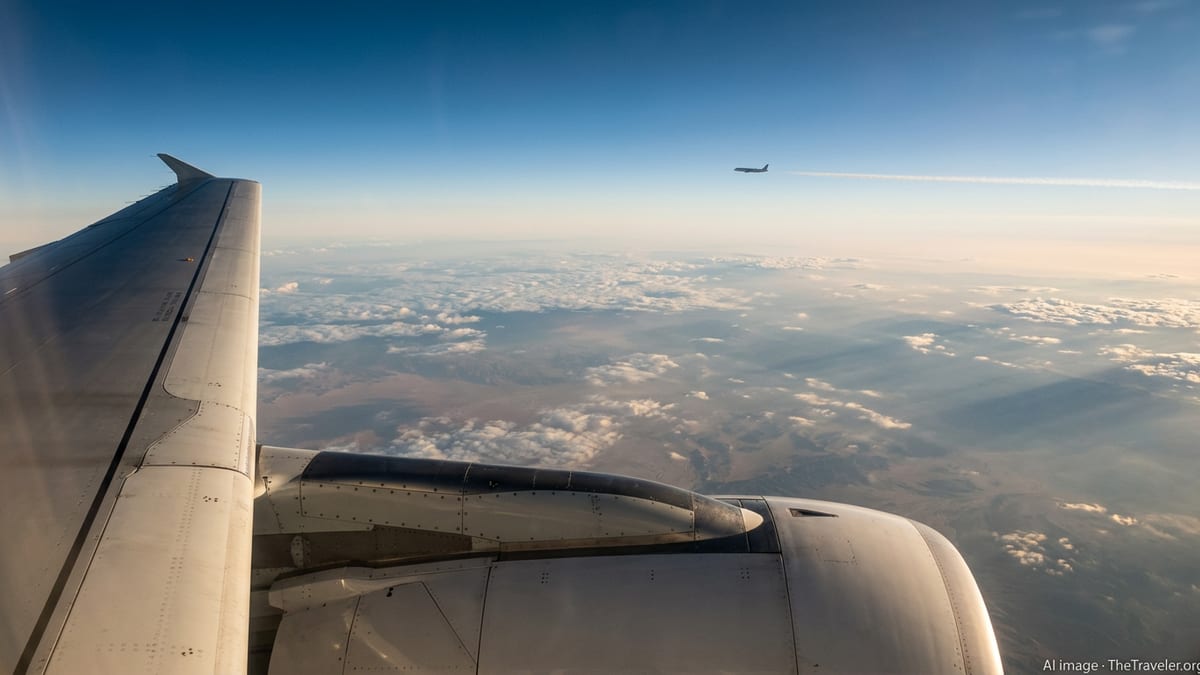 View from an airliner window showing a wingtip and distant contrails over hazy skies on a Europe–Asia route.