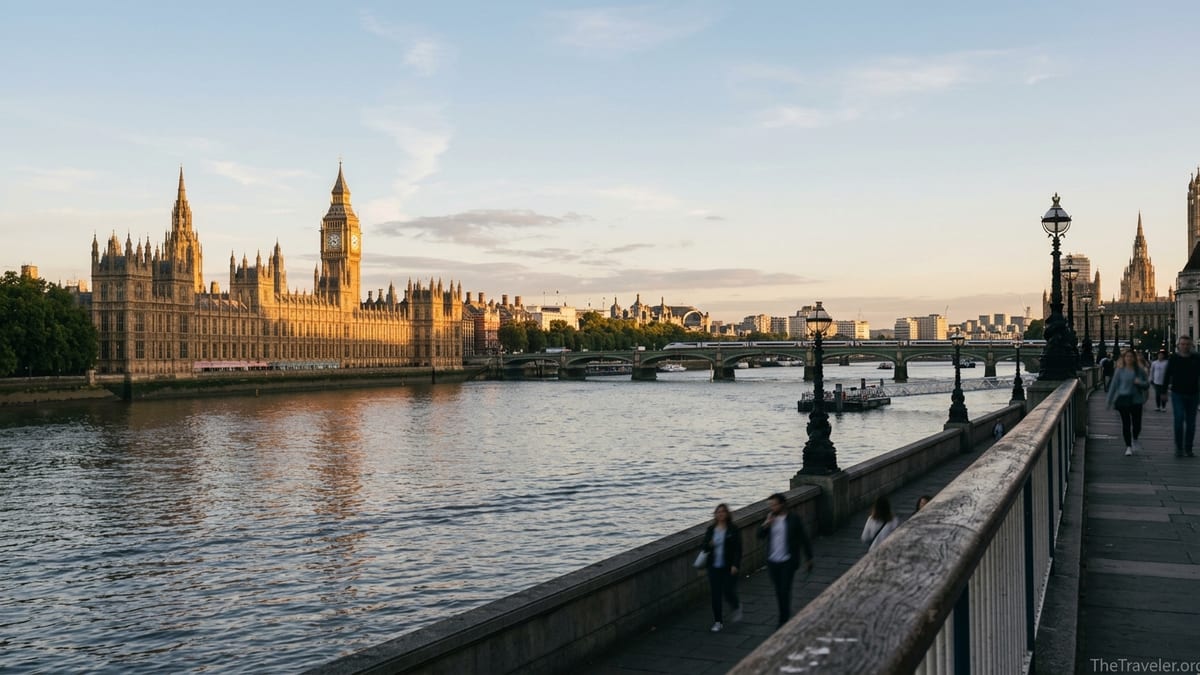 View of London’s Westminster skyline from the South Bank at golden hour with the Thames in the foreground.