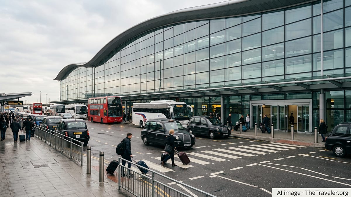 Busy departures forecourt outside London Heathrow Terminal 5 with taxis and travelers.