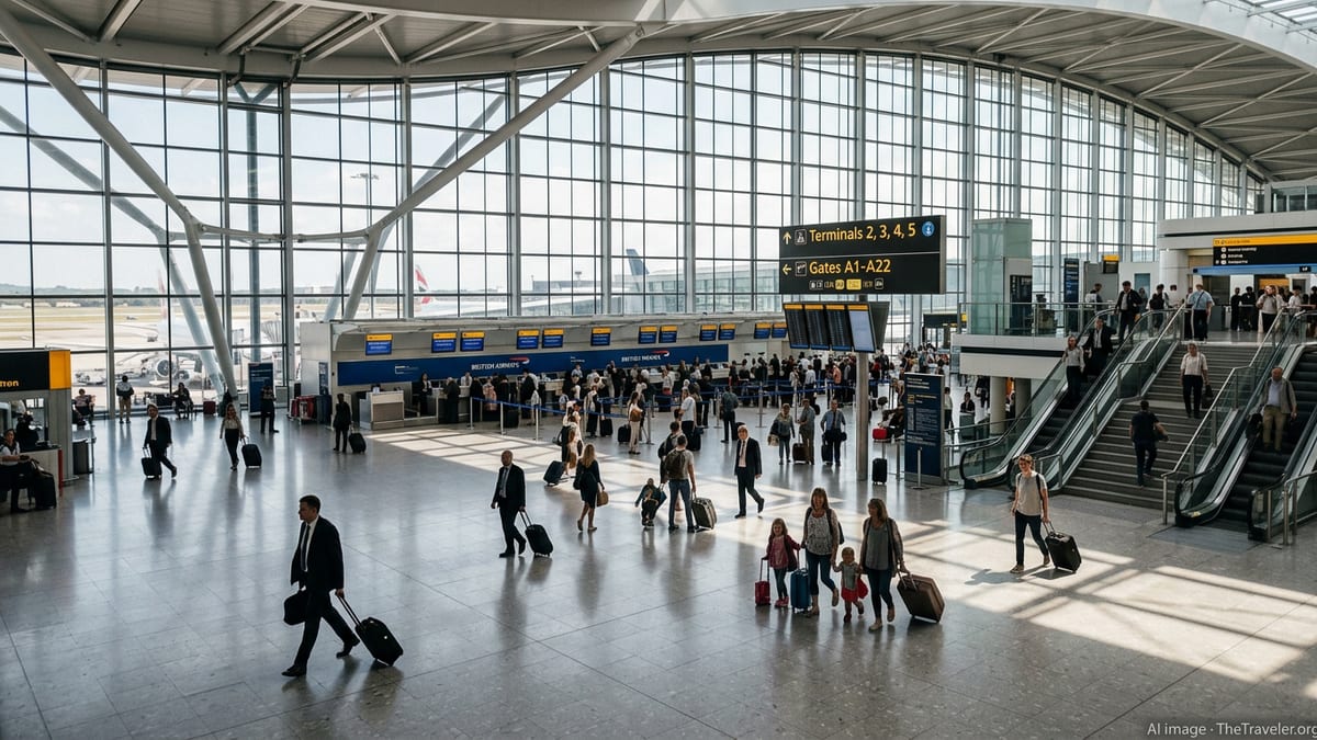 Busy departures hall at London Heathrow Terminal 5 with passengers and overhead signs.