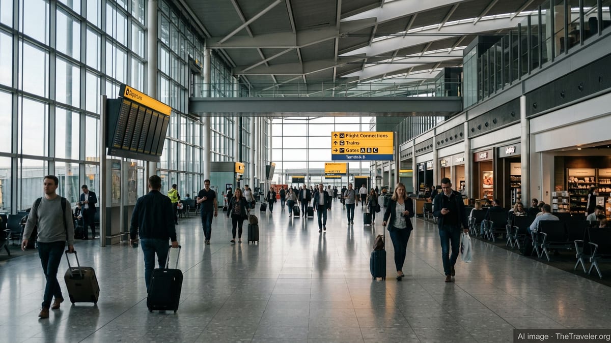 Passengers walking through London Heathrow Terminal 5 concourse beneath large departure boards and clear wayfinding signs.