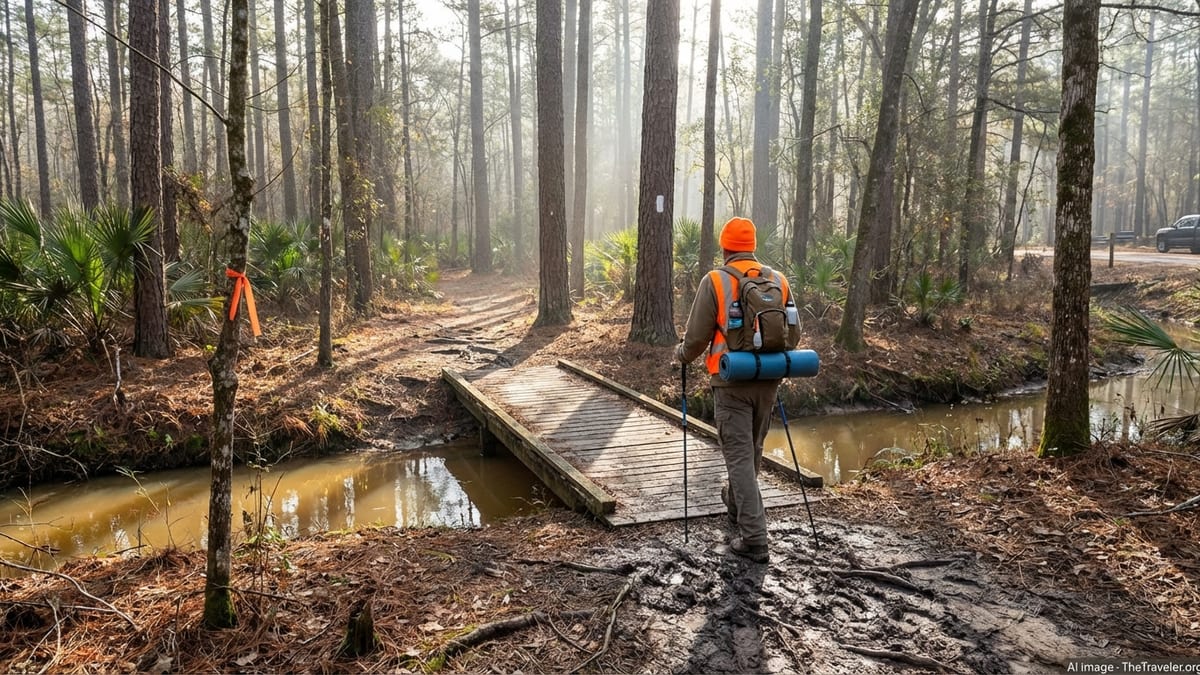 Lone hiker traverses winter trail in Sam Houston National Forest, Texas.