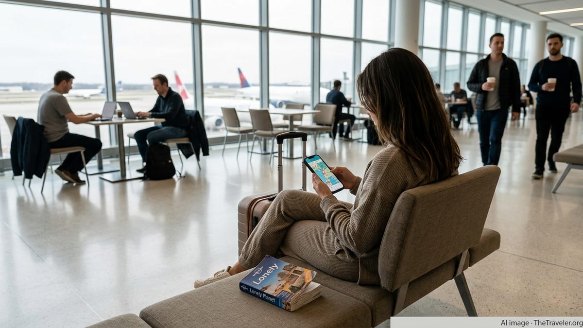 Traveler using a smartphone app beside a Lonely Planet guidebook in a busy airport lounge.