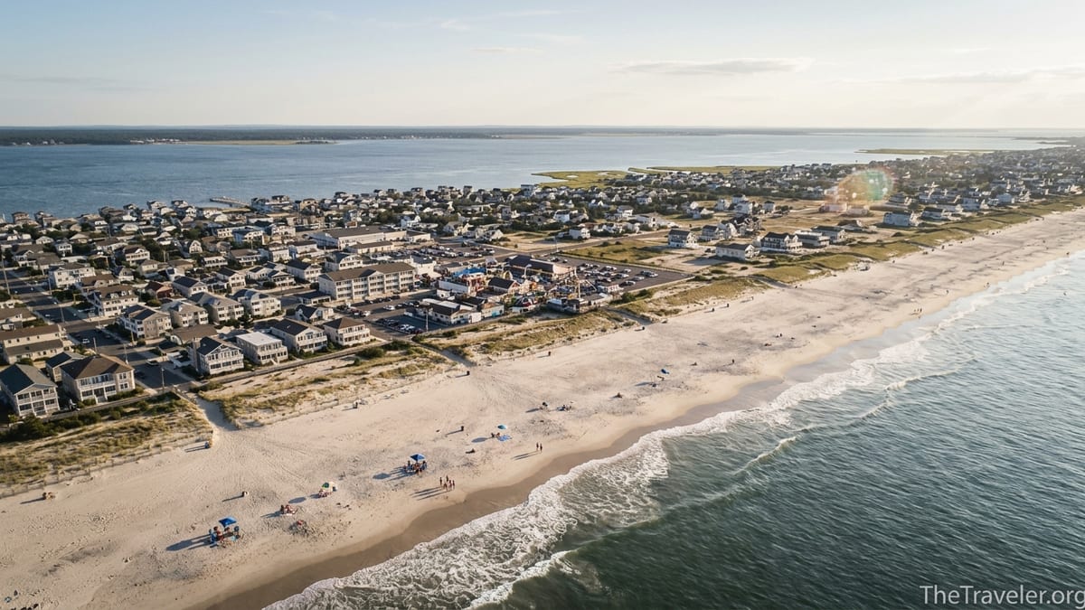 Aerial view of Long Beach Island showing busy Beach Haven and quieter residential stretches.