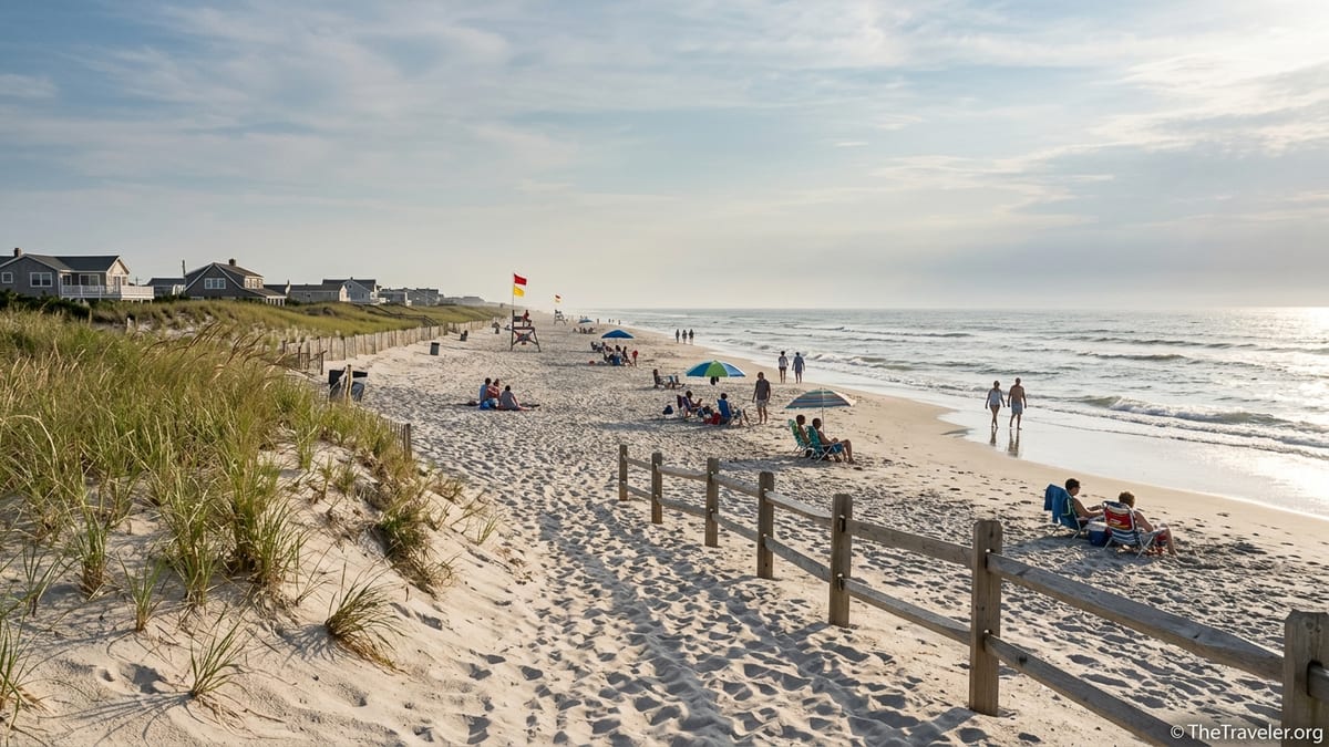 Quiet late-afternoon beach scene on Long Beach Island with dunes, low houses, and widely spaced visitors.
