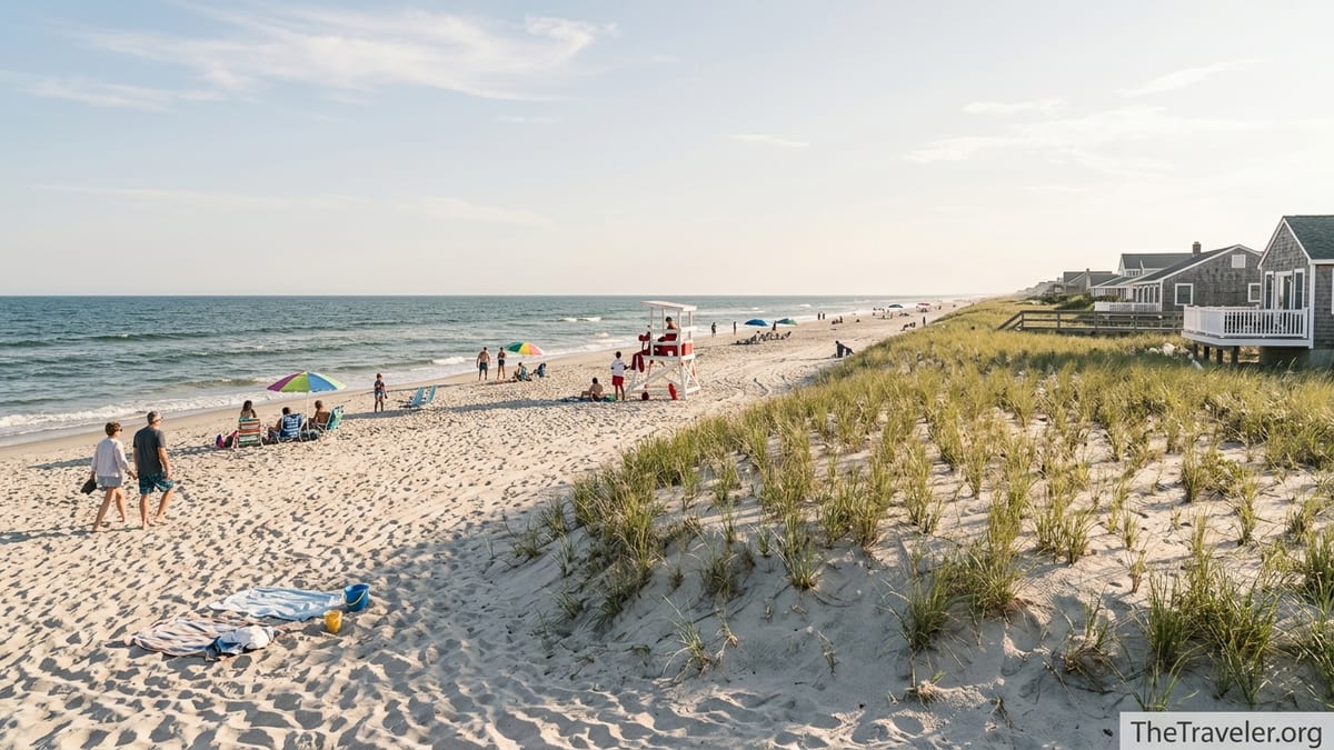 Quiet late-afternoon beach scene on Long Beach Island with dunes, lifeguard stand, and scattered families by the ocean.