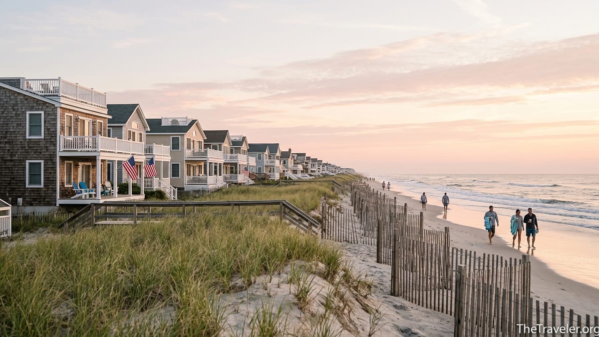 Sunrise over Long Beach Island dunes with shore houses and calm ocean waves.
