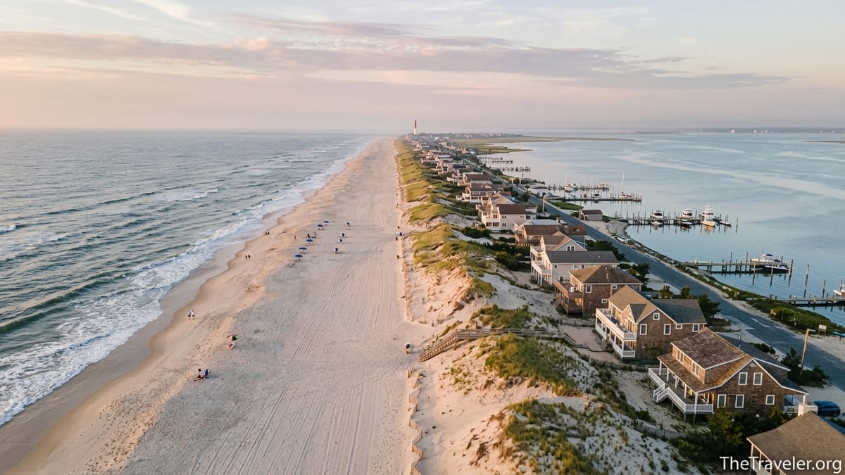 Aerial sunrise view of Long Beach Island with beach, bay, dunes, and shore towns.