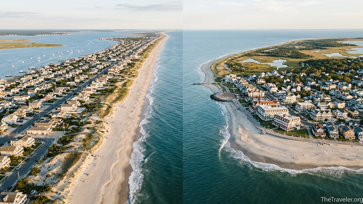 Aerial view of Long Beach Island and Cape May coastlines under golden-hour light.