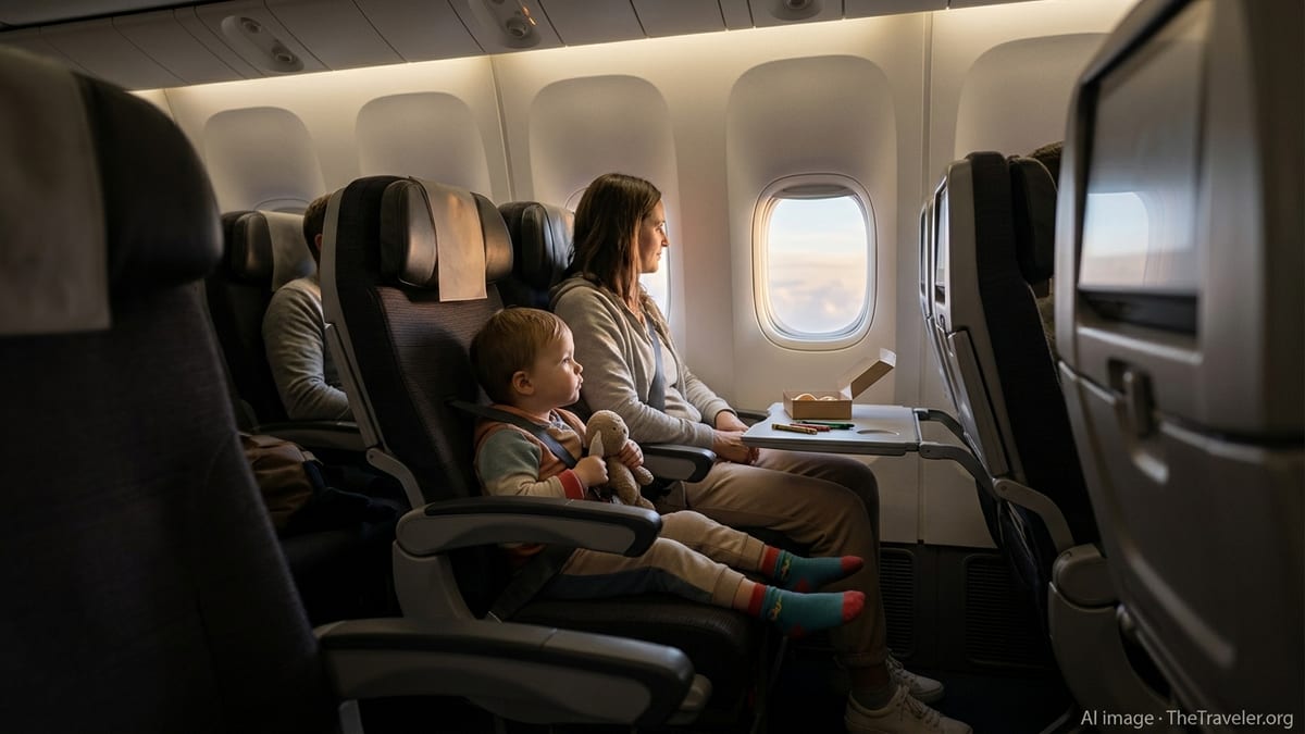Parent and three-year-old calmly sharing a window seat on a dimmed long haul flight.