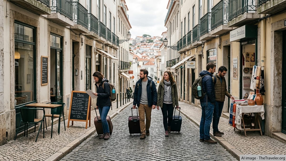 Long-haul tourists walk slowly through a historic European street lined with small local shops.