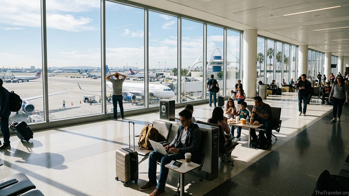 Travelers relaxing in a bright LAX terminal concourse with planes visible outside large windows.
