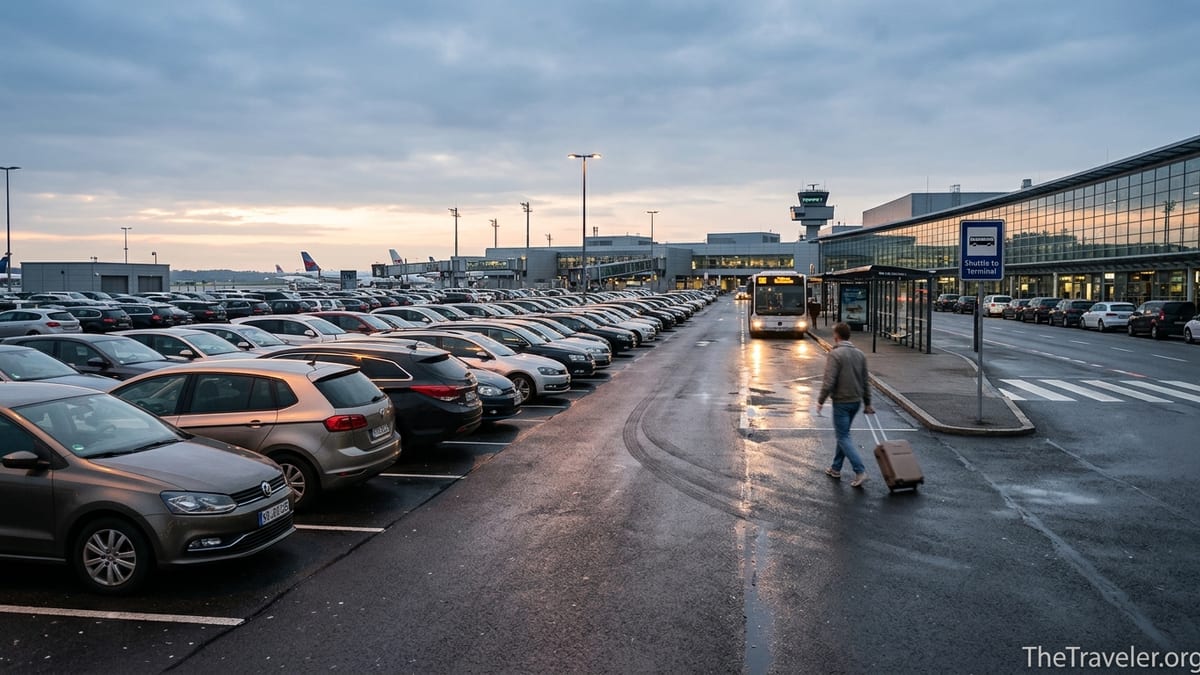 Traveler walking through an airport parking lot at dawn toward a terminal and shuttle bus