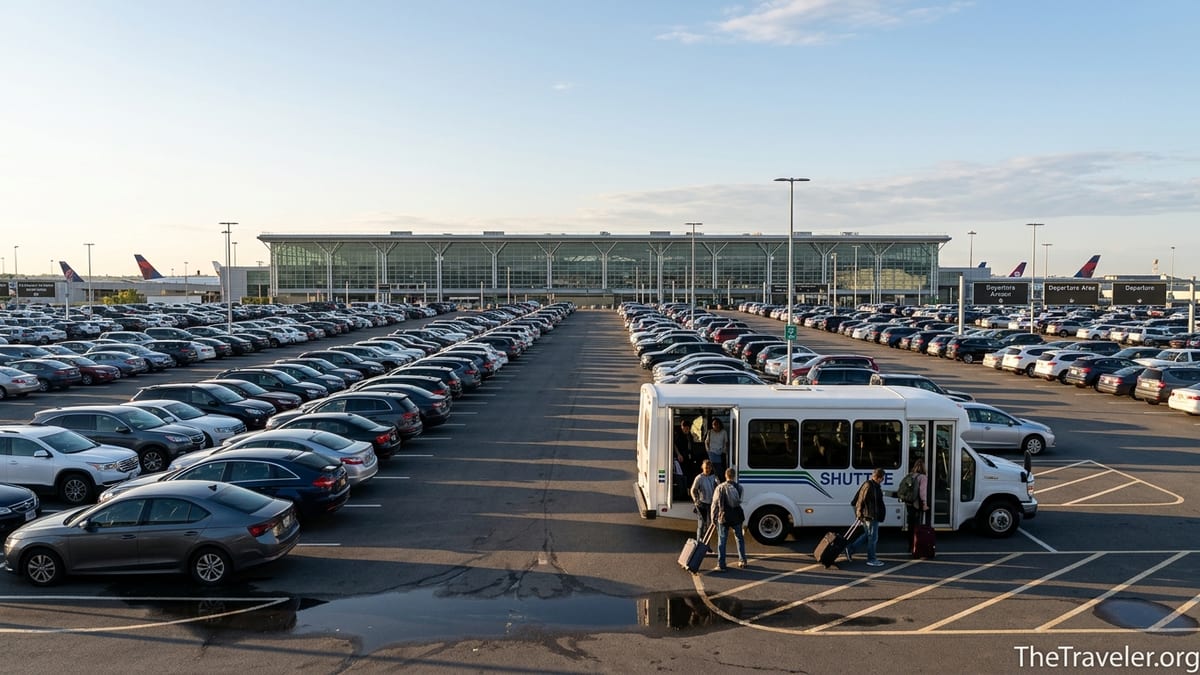 Travelers boarding an airport parking shuttle at sunrise in a large car park near a terminal.