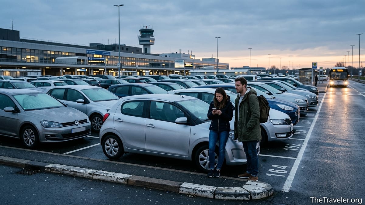 Travelers checking a parking booking on their phone in an airport car park at dawn.