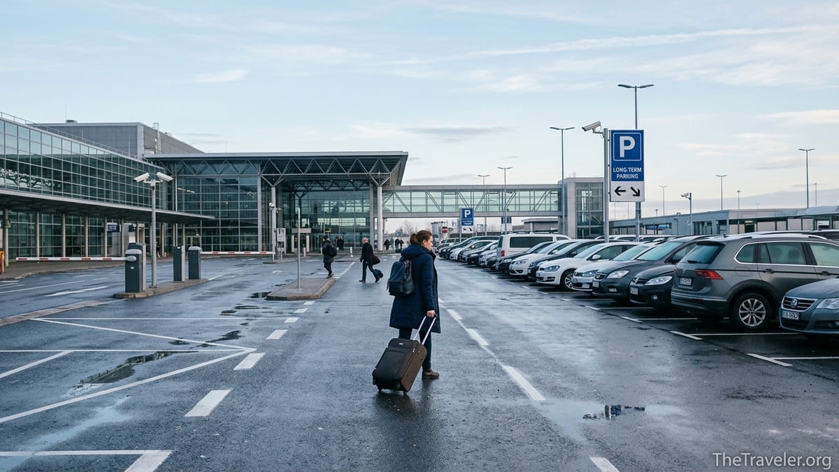 Traveler walking from airport parking toward terminal at sunrise with cars lined up