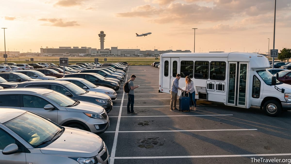 Travelers boarding a shuttle bus in an off-airport parking lot near a busy terminal at sunset.