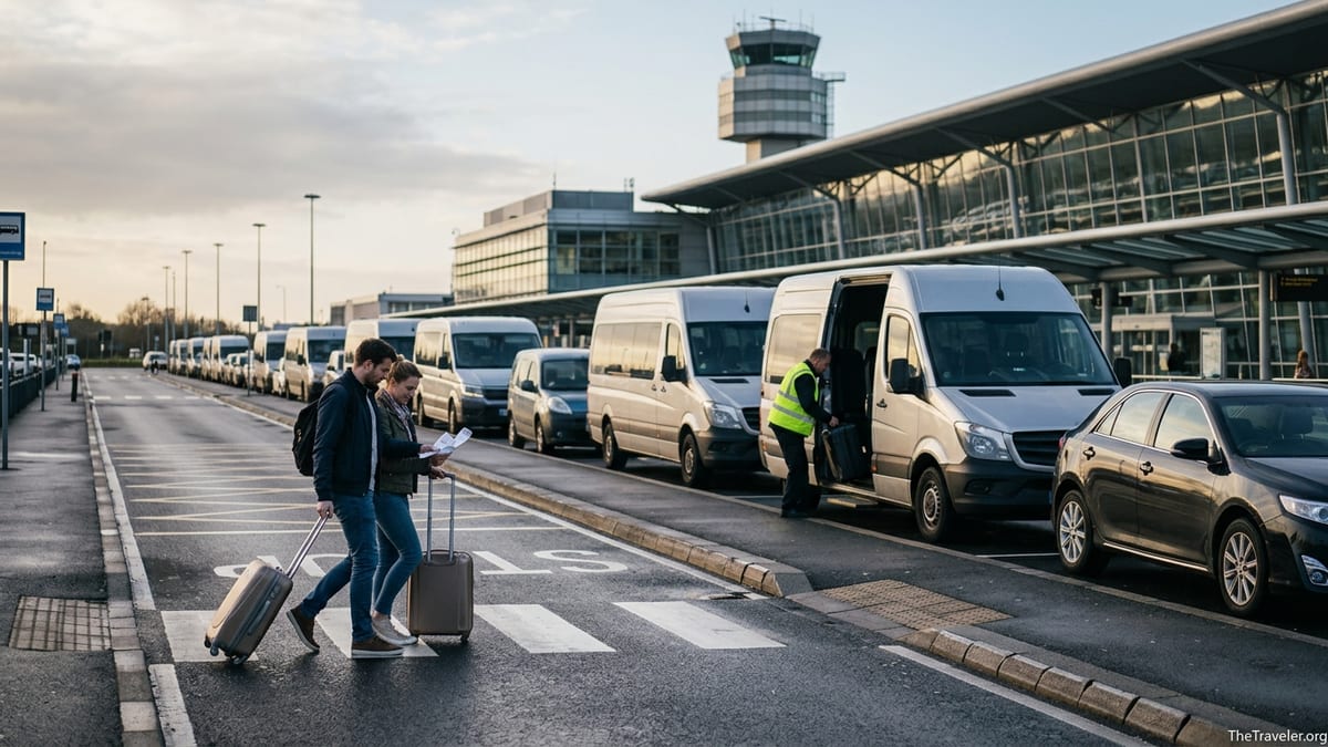 Travelers walking from a car park to an airport shuttle at dawn outside a European terminal