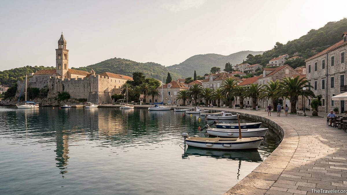 Harborfront of car-free Lopud Island with stone houses, boats and palm-lined promenade at sunrise.