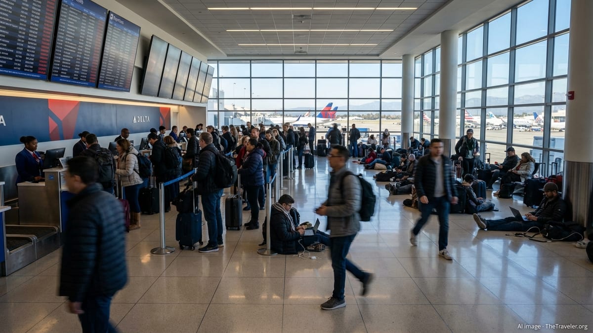 Crowded LAX terminal with passengers queuing beneath departure boards showing delays and cancellations.