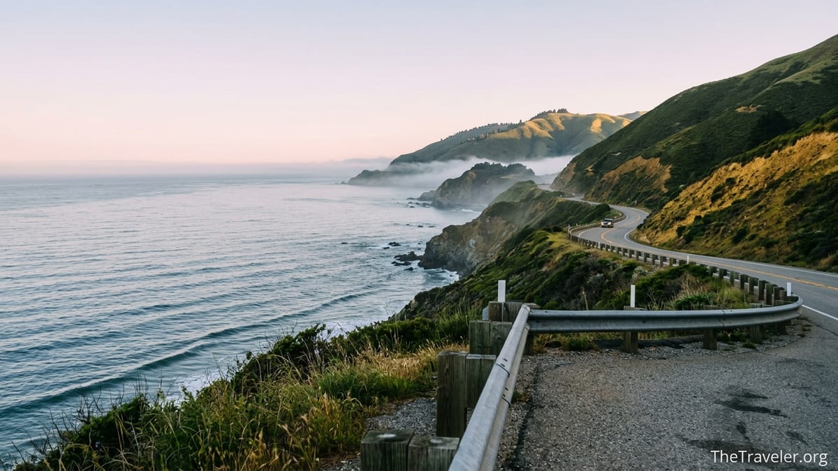 Sunrise view of Highway 1 curving along the Big Sur coast with the Pacific Ocean below.