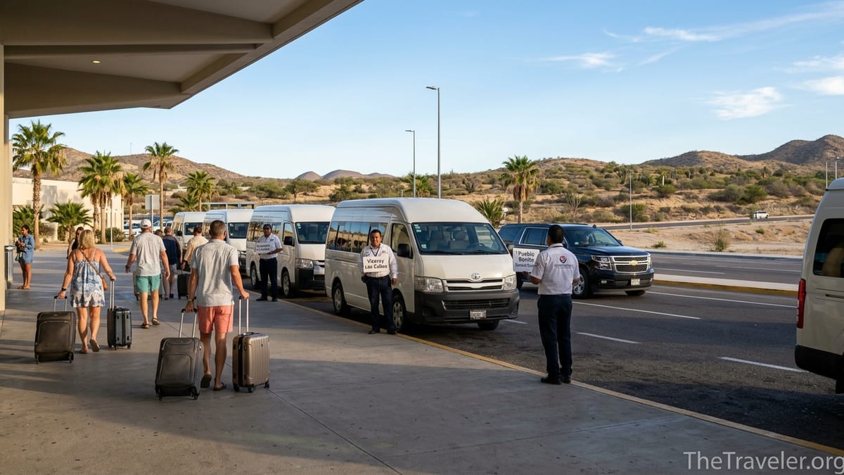 Arriving travelers outside Los Cabos Airport walking to shuttle vans and SUVs in late afternoon sun.