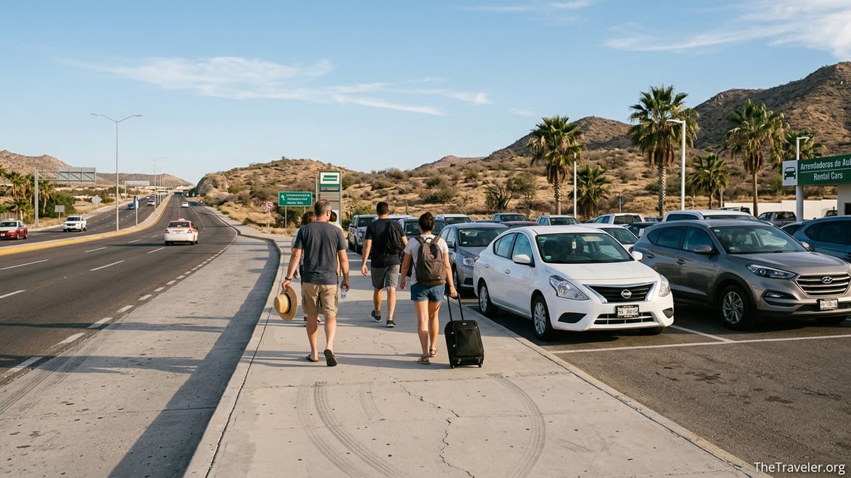 Travelers walk from Los Cabos Airport toward rental cars under bright desert sun.