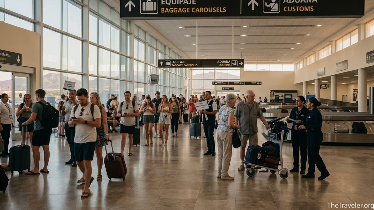 Travelers collecting bags and heading to customs in Los Cabos International Airport arrivals hall.