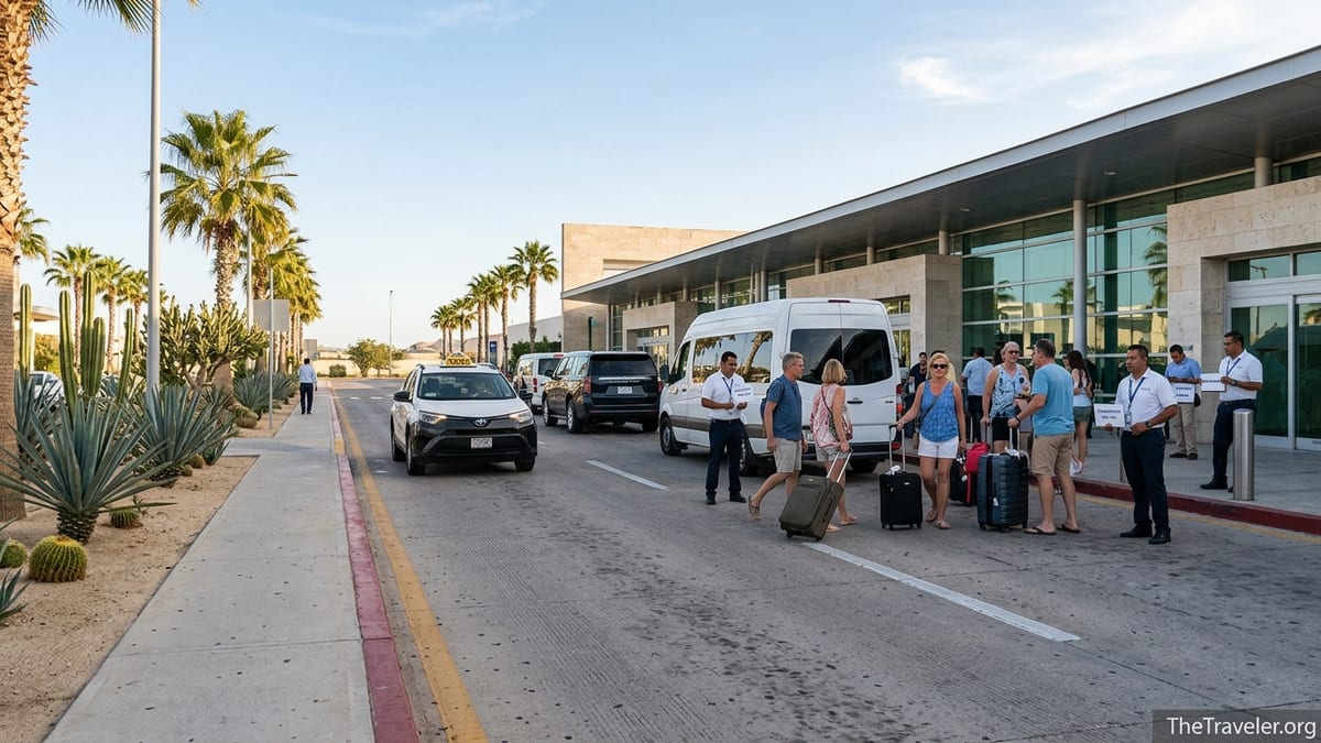Travelers with suitcases meet shuttles and taxis outside Los Cabos International Airport arrivals.