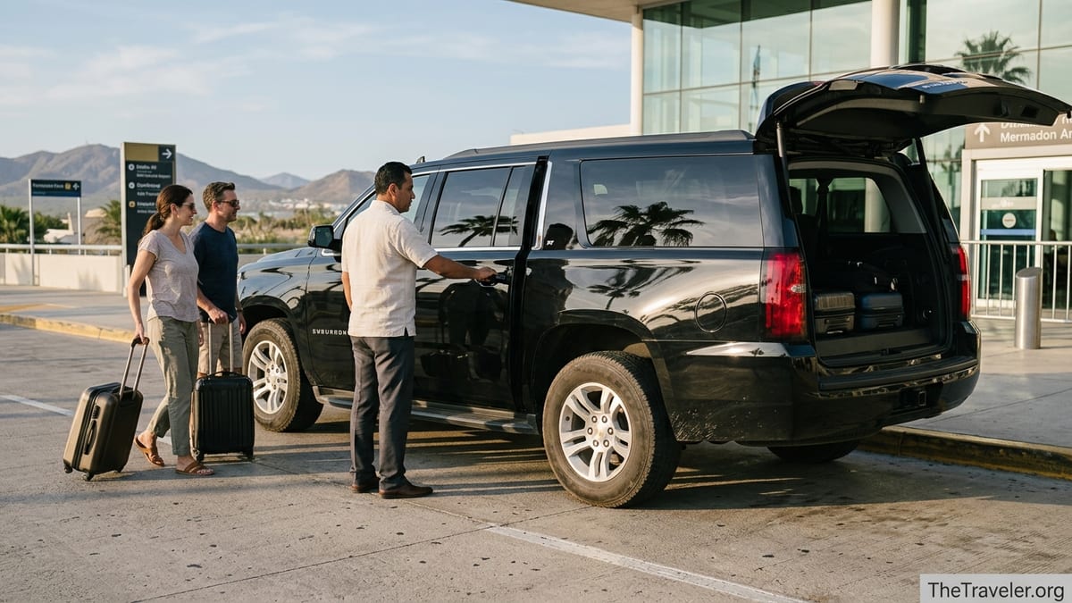 Private black SUV picking up passengers at Los Cabos International Airport curb in warm afternoon light.