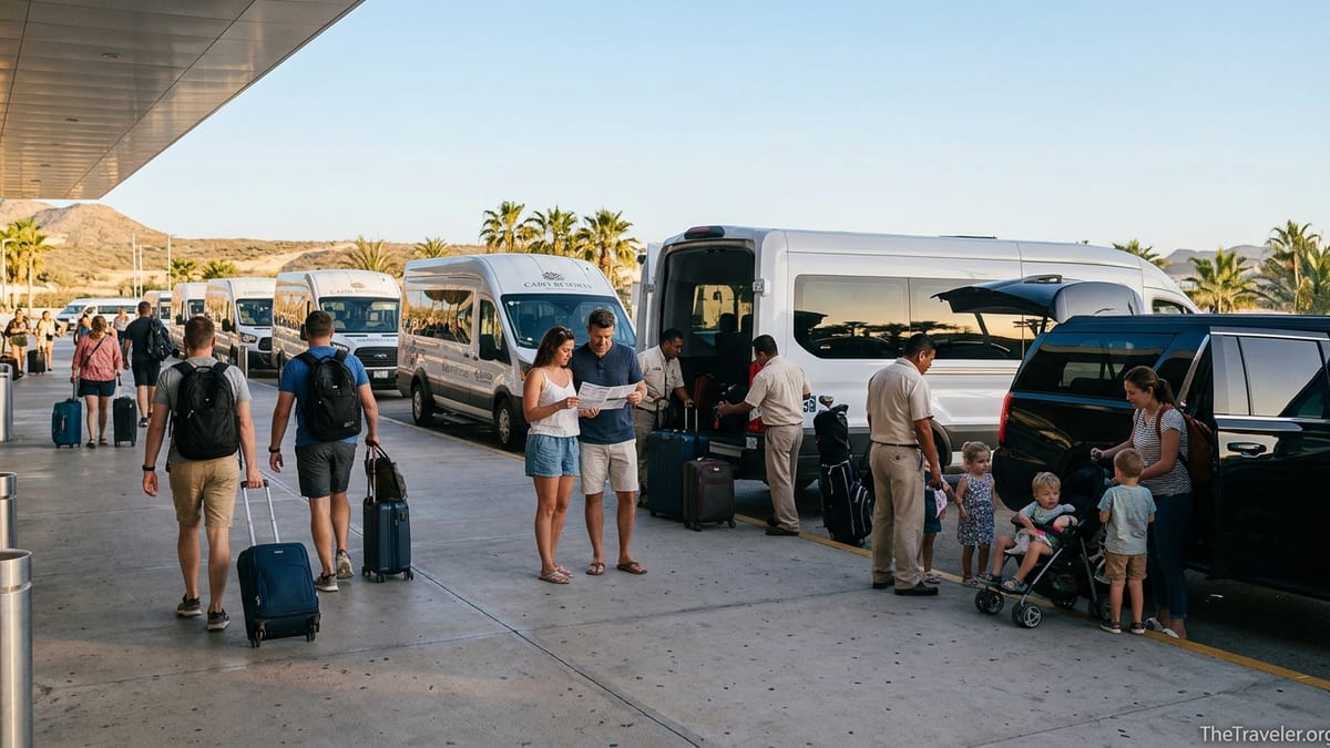 Travelers boarding shared shuttles and private SUVs outside Los Cabos airport.