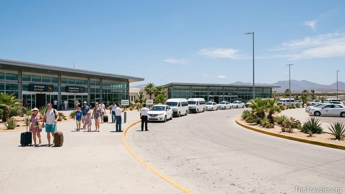 Travelers with luggage outside Los Cabos Airport terminals near taxi and shuttle pickup area.