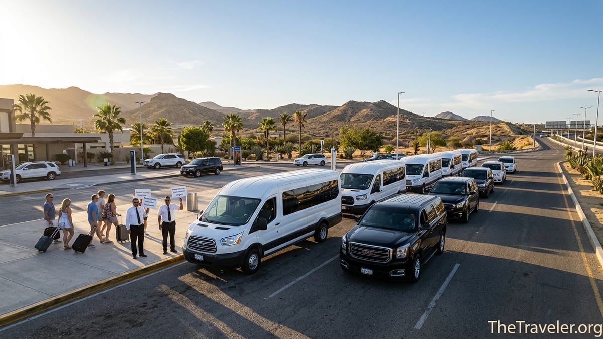 Travelers boarding shuttle vans outside Los Cabos International Airport at sunset.