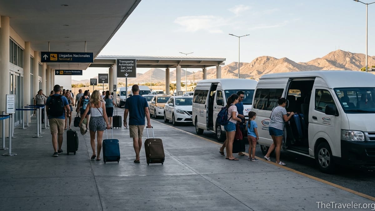Arriving travelers at Los Cabos Airport walking toward shuttle vans and taxis at sunset.