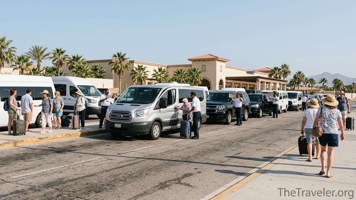 Travelers boarding shuttles and SUVs outside Los Cabos International Airport arrivals curb.