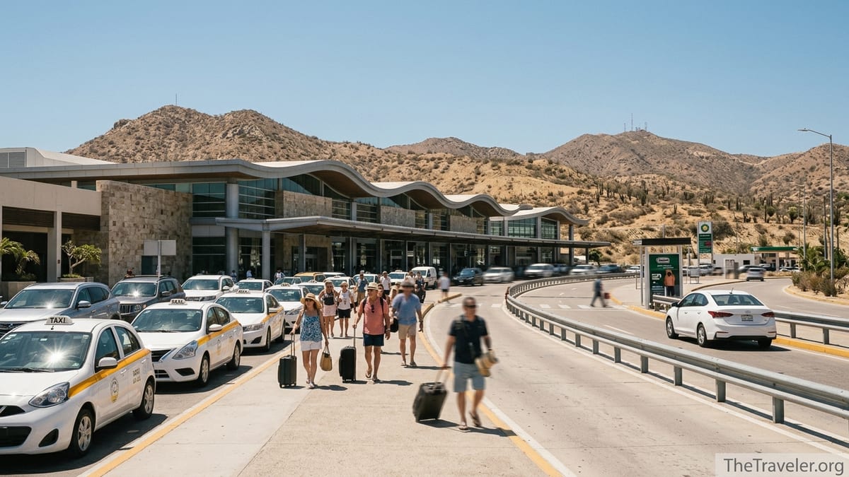 Arriving passengers outside Los Cabos Airport choosing between taxis and rideshare pickup.