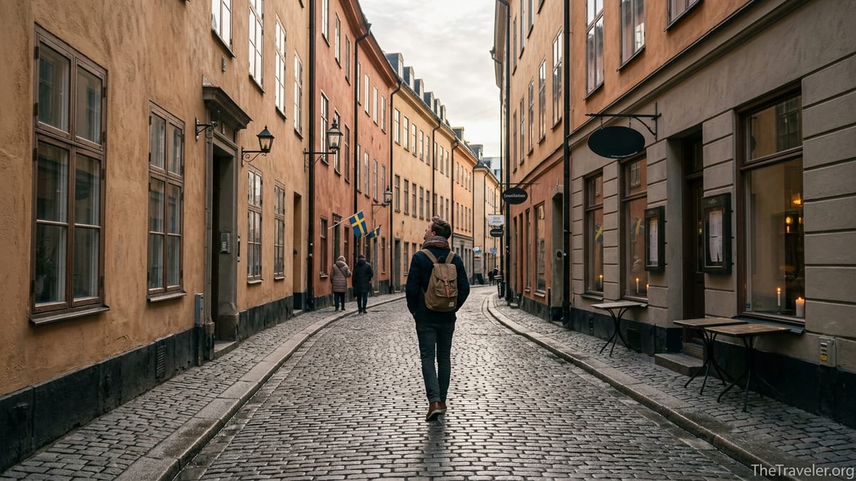 Traveler walking alone along a cobbled alley in Stockholm’s Gamla Stan at golden hour.