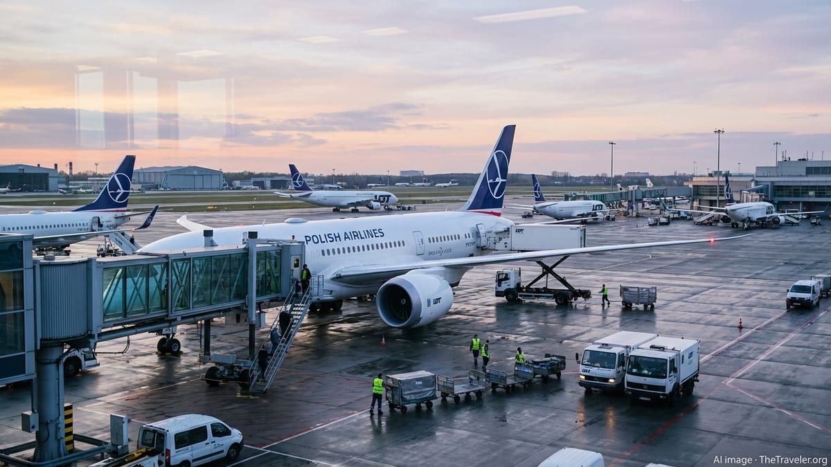 LOT Polish Airlines Boeing 787 Dreamliner at Warsaw gate during sunset with ground crew and boarding bridge.
