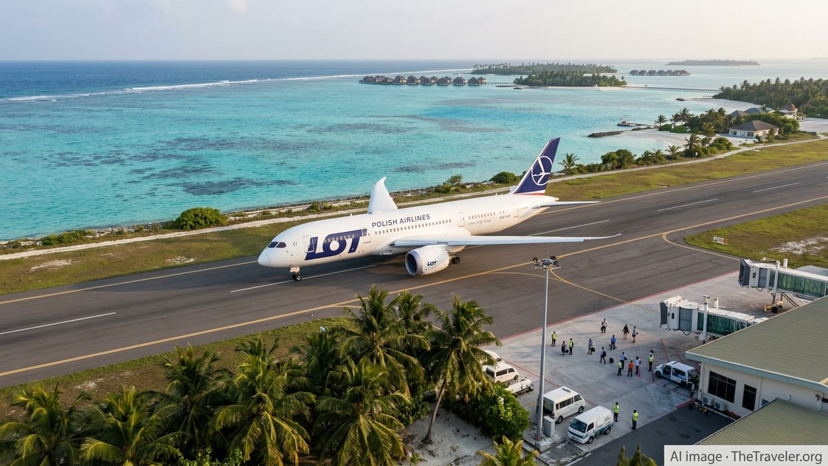 LOT Polish Airlines widebody jet at a tropical runway with turquoise sea and palm trees in the background.