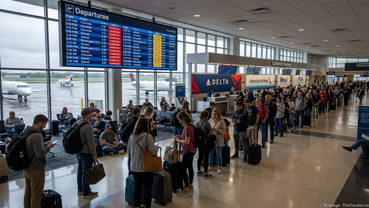 Crowded Louisville airport terminal with passengers stranded near departure boards showing multiple canceled and delayed hub‑