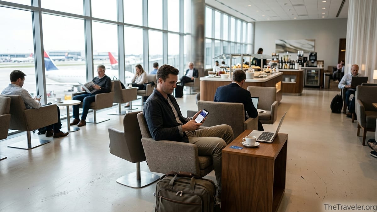 Traveler using a credit card and phone to access a quiet airport lounge