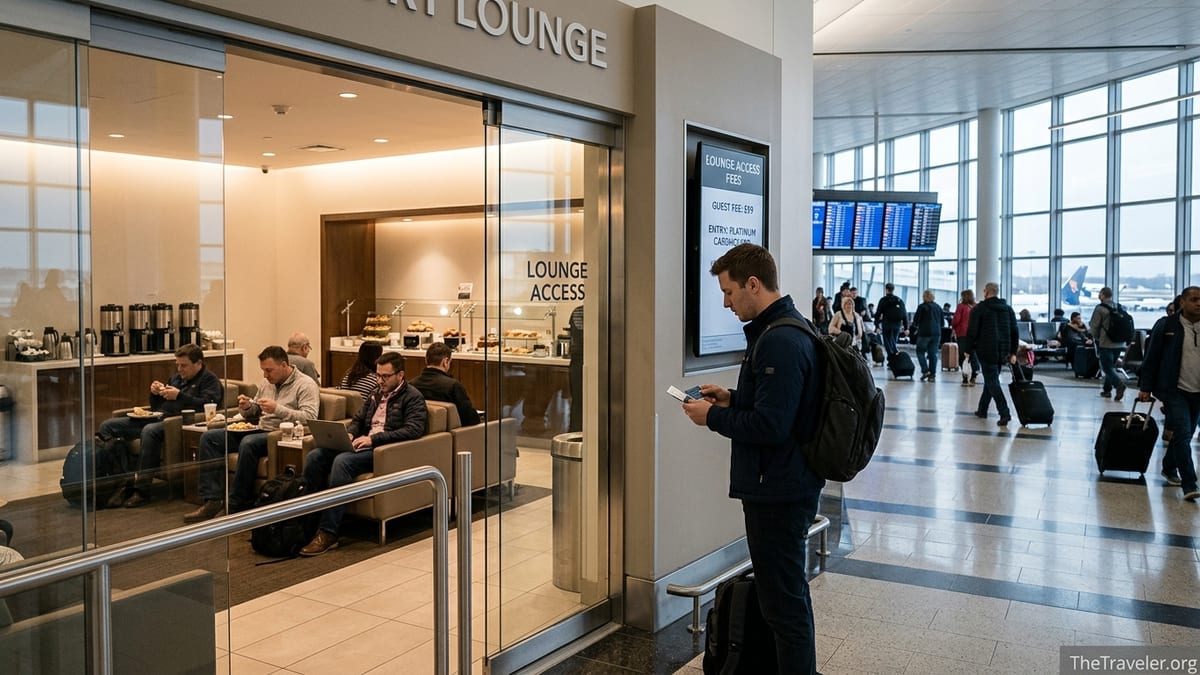 Traveler checking credit card outside an airport lounge entrance with fees on display.