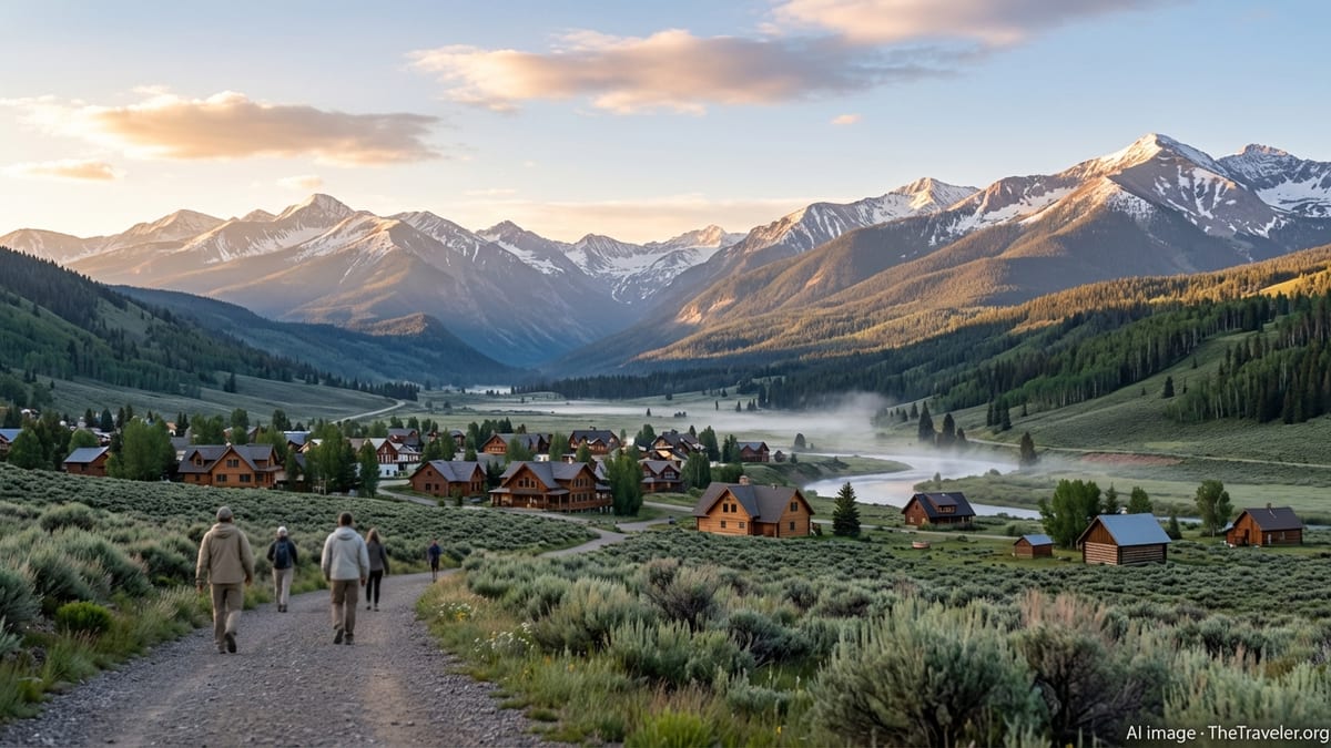 Mountain town in a wide valley surrounded by snow capped peaks at sunrise.