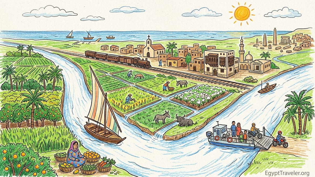 Sunrise over Egypt’s Nile Delta near the Rosetta branch, with fields, canals and village houses.