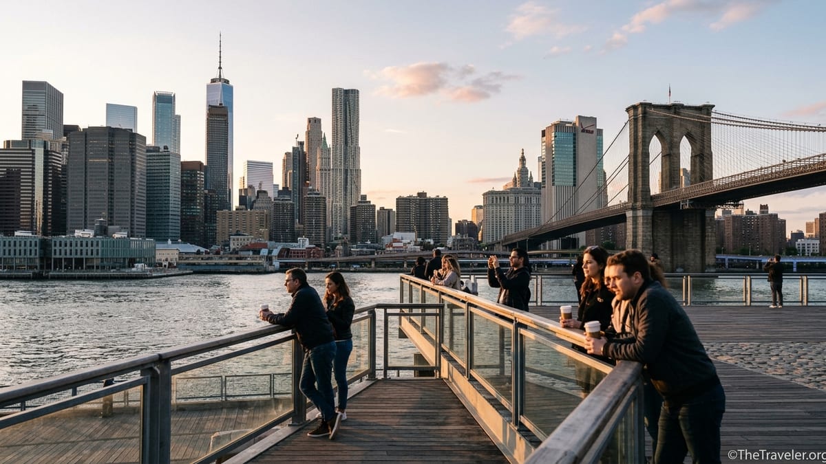 Golden hour view from Pier 17 in Lower Manhattan toward the Brooklyn Bridge and downtown skyline.