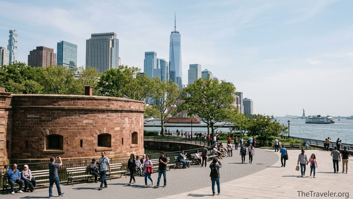 Visitors walking through The Battery in Lower Manhattan with Castle Clinton and harbor ferries in view.