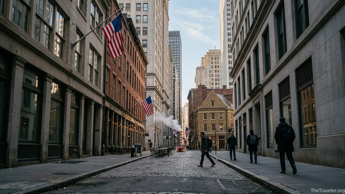 Early morning street scene in Lower Manhattan with historic brick buildings and modern towers.