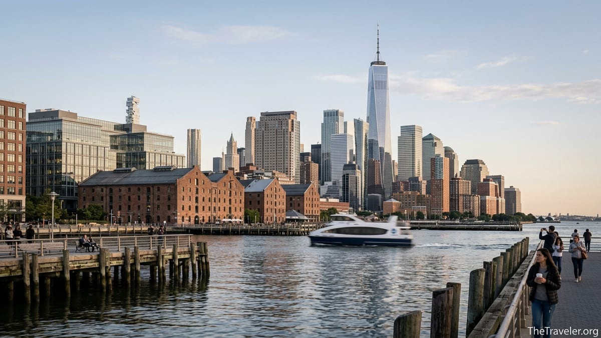 Early evening view of Lower Manhattan skyline and Seaport from the East River with a passing ferry.