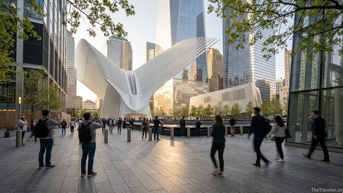 Golden hour view of the Oculus and One World Trade Center with visitors walking through the plaza.